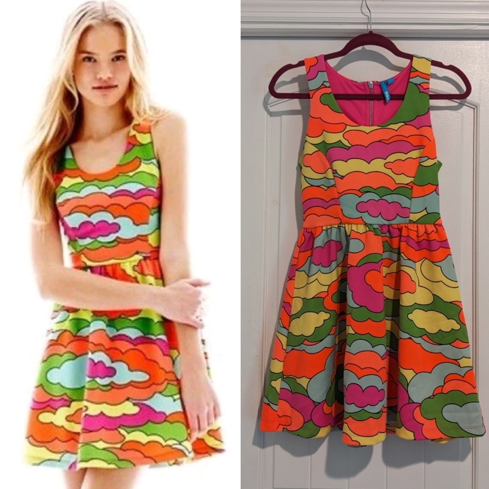 L'amour Nanette Lepore Neon Rainbow Cloud Pop Art Print Skater Dress Sz M